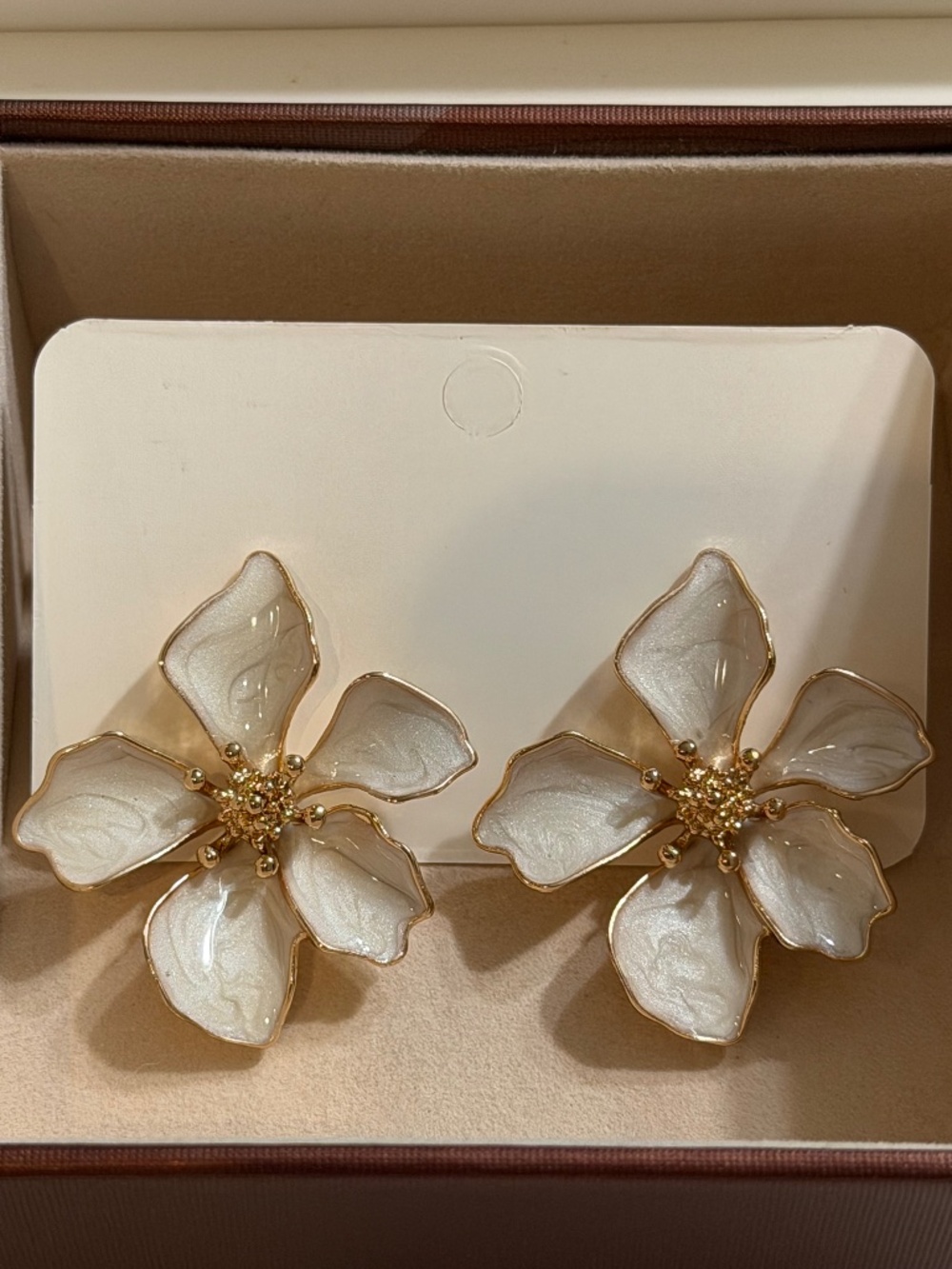 Golden Ivory White Enamel 5-Petal Flower Stud Statement Earrings